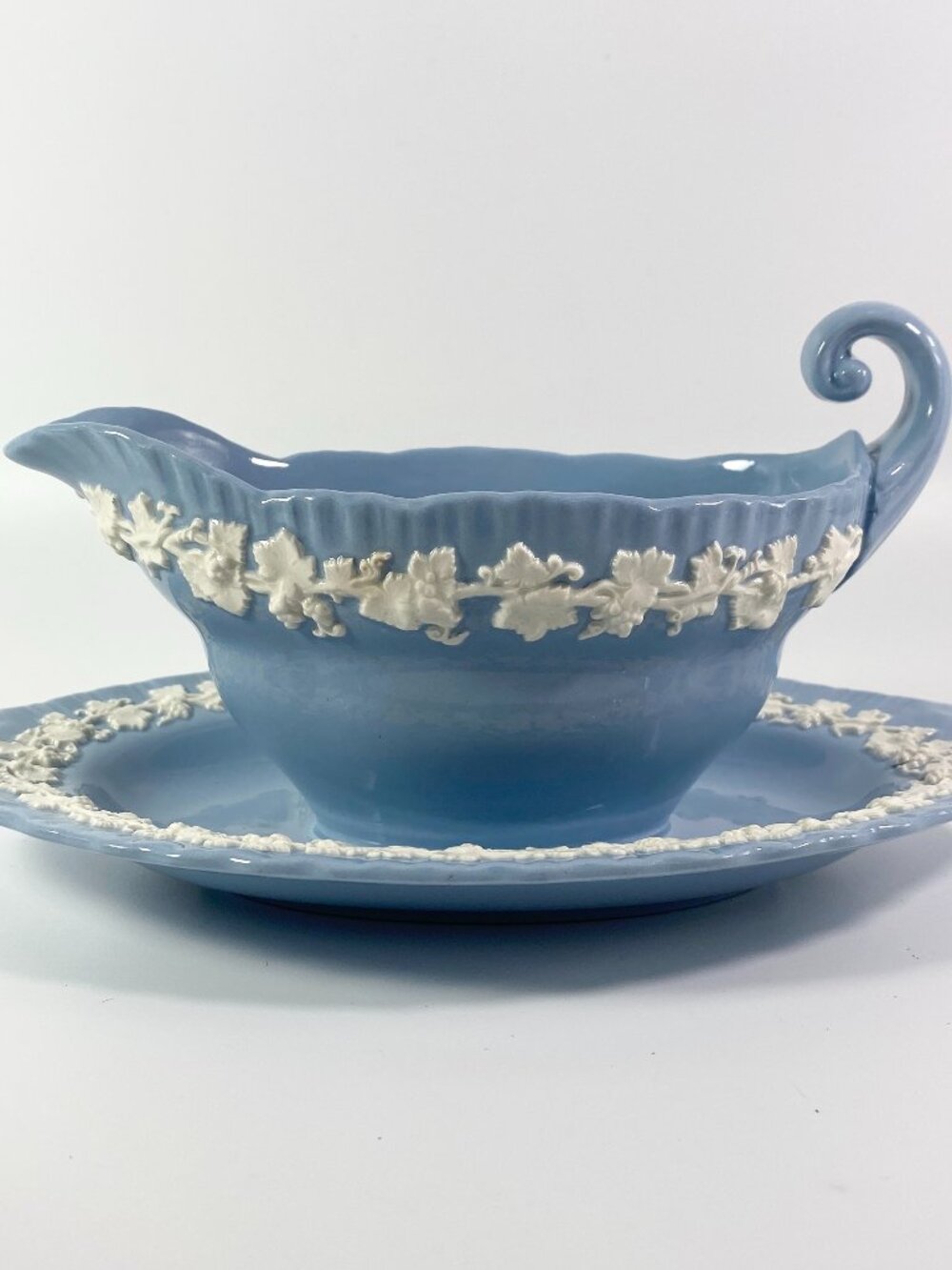 Wedgwood Queensware Cream on Lavender Shell Edge Gravy Boat &Attached Underplate